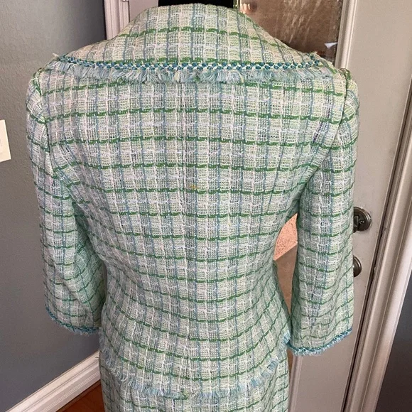 Kay Unger Y2K Preppy Tweed Plaid Skirt Suit Country Club Romantic Green White 10 - Picture 11 of 16